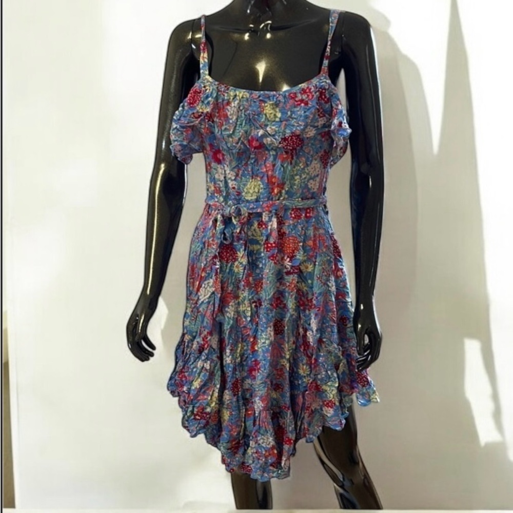 Blue Asymmetrical Smocked Sundress with ruffle